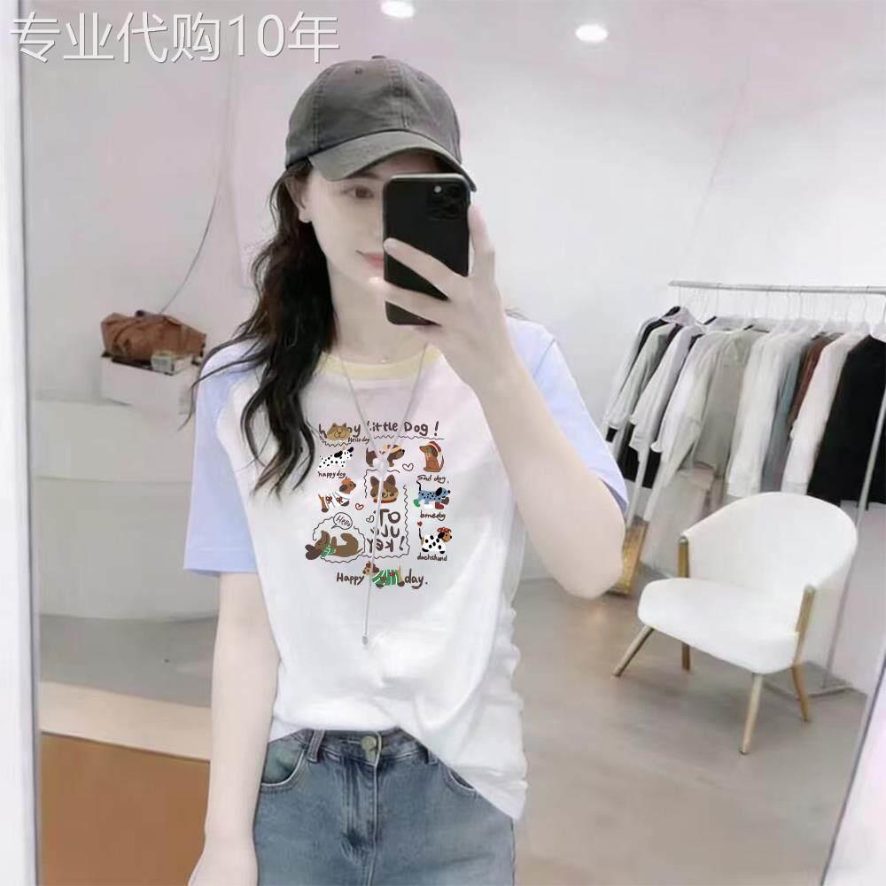 微胖妹妹蓝色插肩短袖T恤女夏季2026年新款减龄拼接大尺码纯棉上