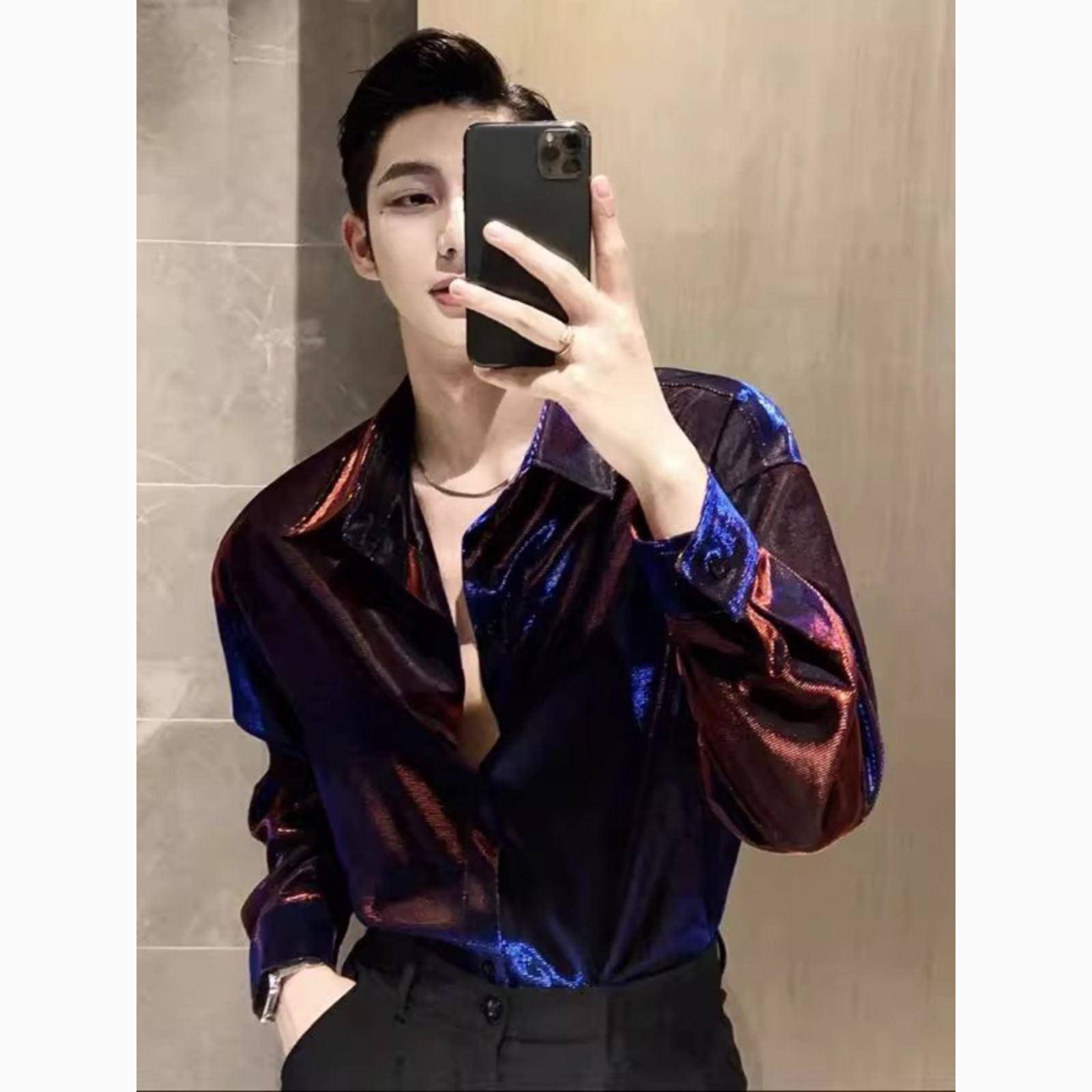 男装衬衫男士长袖2024痞帅时尚潮流设计感闪亮未来感液态金属衬衣