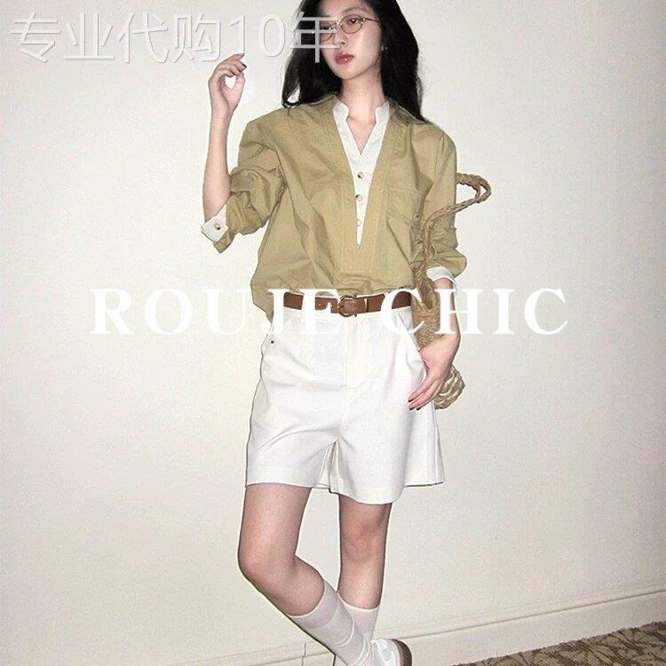 法国rouje chic假两件老钱风V领撞色长袖衬衫女春季休闲宽松上衣