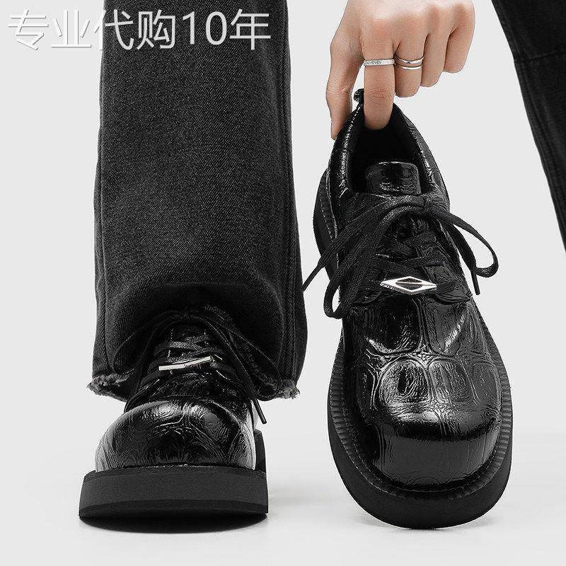 【高品质】褶皱德比鞋男真皮厚底增高大头鞋鳄鱼纹英伦风休闲皮鞋