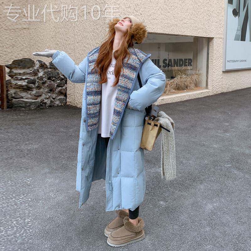 蓝色长款羽绒服女2025冬季韩系巨好看针织连帽过膝加厚白鸭绒外套