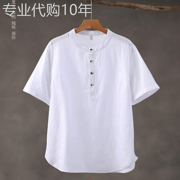 100%纯亚麻唐装男短袖T恤新中式夏季薄款复古棉麻圆领盘扣半袖Tee