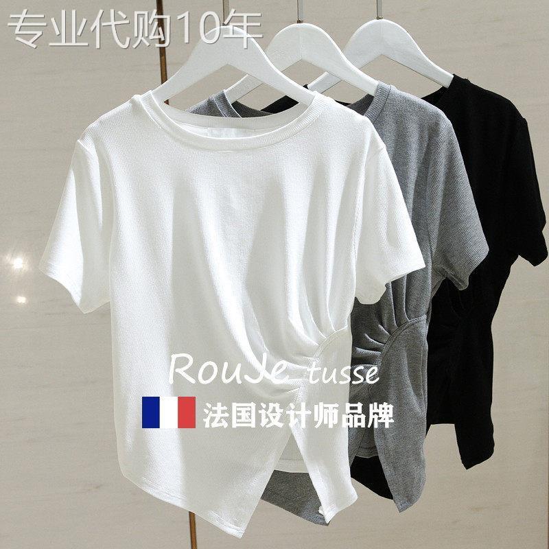 法国Rouje tusse白色短袖t恤女短款夏季不规则设计感开叉修身上衣