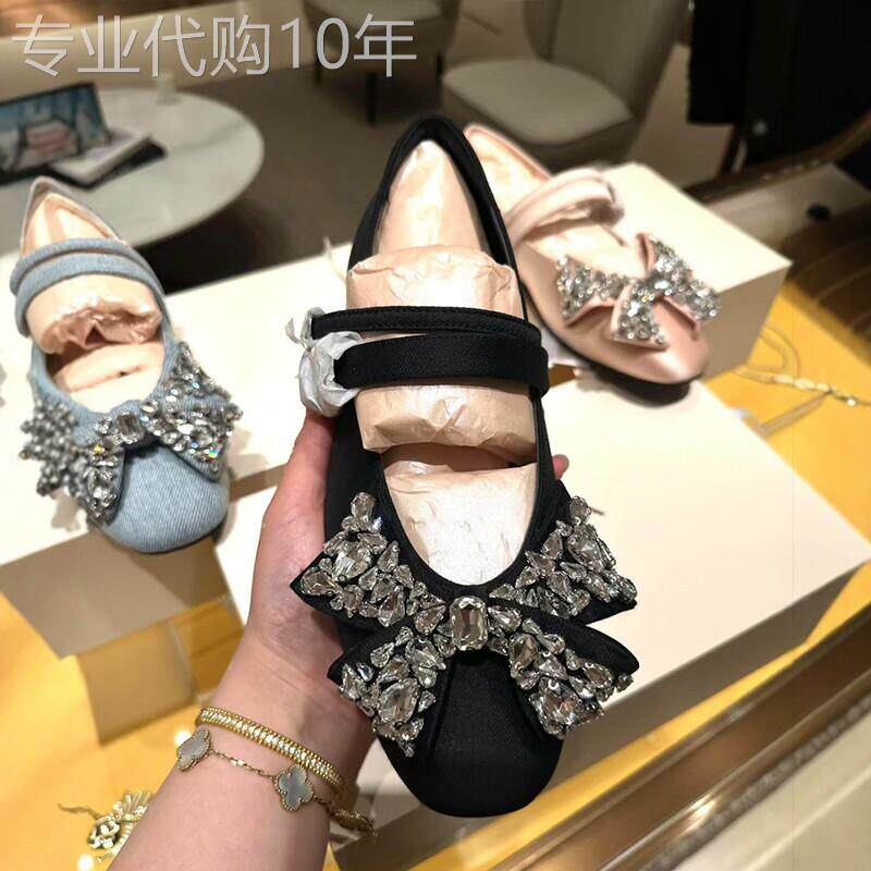 黑色蝴蝶结单鞋水钻方扣女鞋法式粗跟一字扣复古平底鞋芭蕾舞鞋