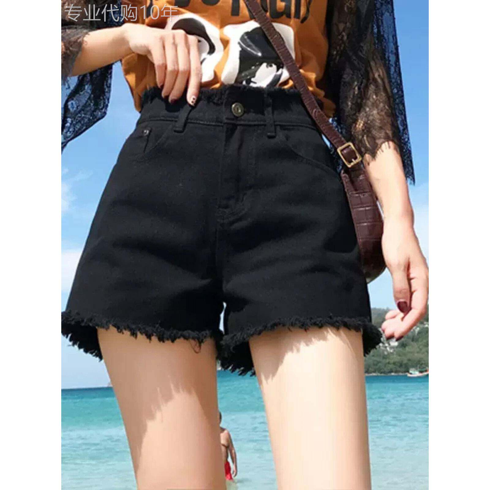 欧洲站黑色毛边牛仔裤女2025年新款时尚潮流高腰阔腿显瘦a字热裤