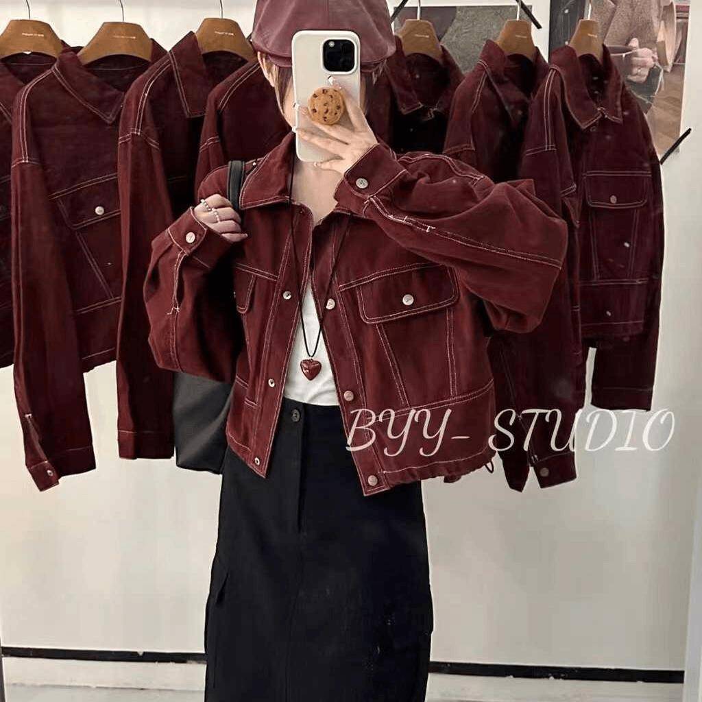 港风安可拉红色牛仔短外套女2024秋季款小个子韩版宽松工装夹克女
