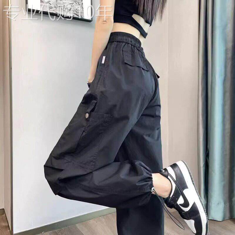 潮牌美式黑色冰丝速干工装裤女夏季小个子高腰显瘦束脚休闲运动裤
