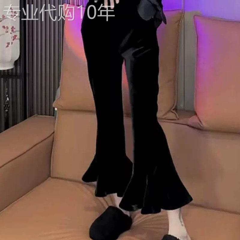 金丝绒黑色喇叭裤女士春秋欧货松紧腰时尚百搭复古花边九分休闲裤