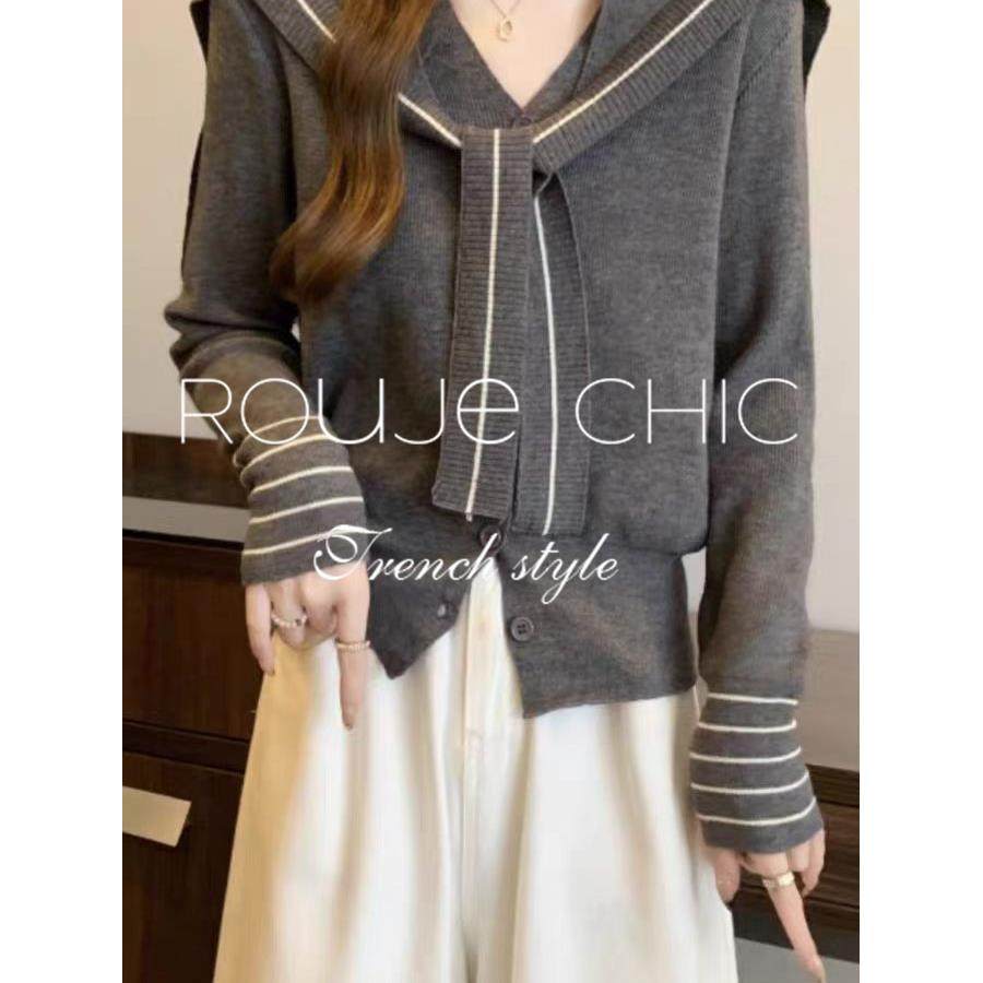 法国rouje chic秋冬季法式灰色v领长袖针织衫女披肩毛衣两件套装
