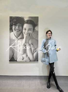 RIXO DORE法式小个子撞色蝴蝶结蓝色大衣秋冬新款高级毛呢外套女