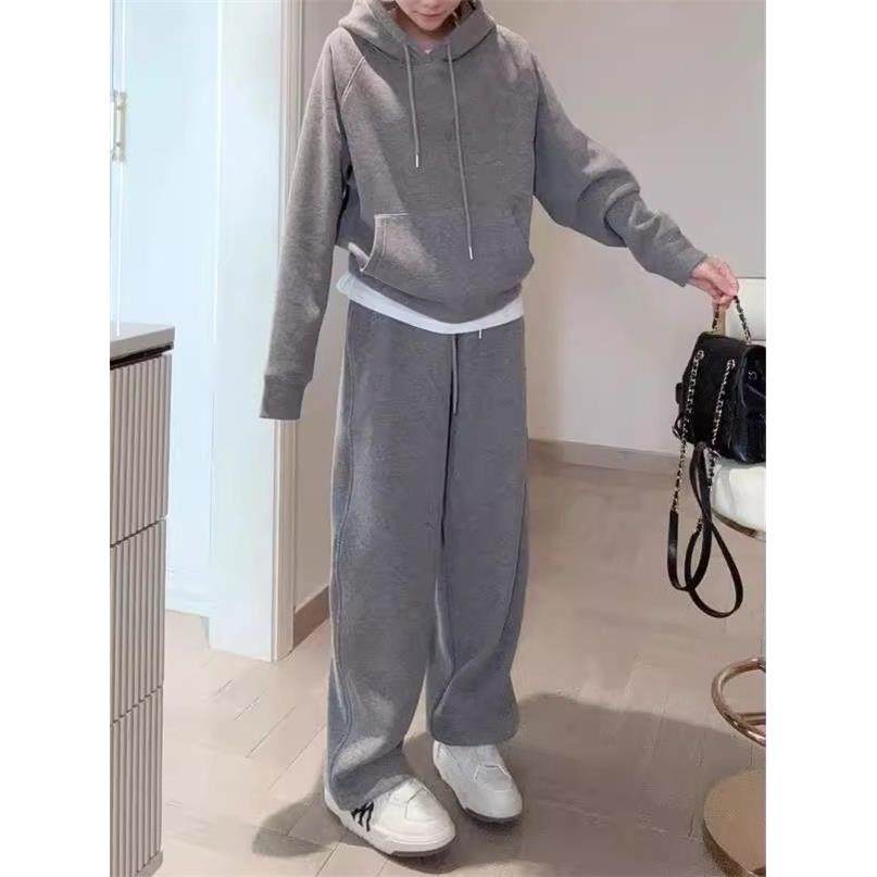 韩国加绒加厚连帽卫衣阔腿卫裤两件套装女秋冬新款休闲运动风套装