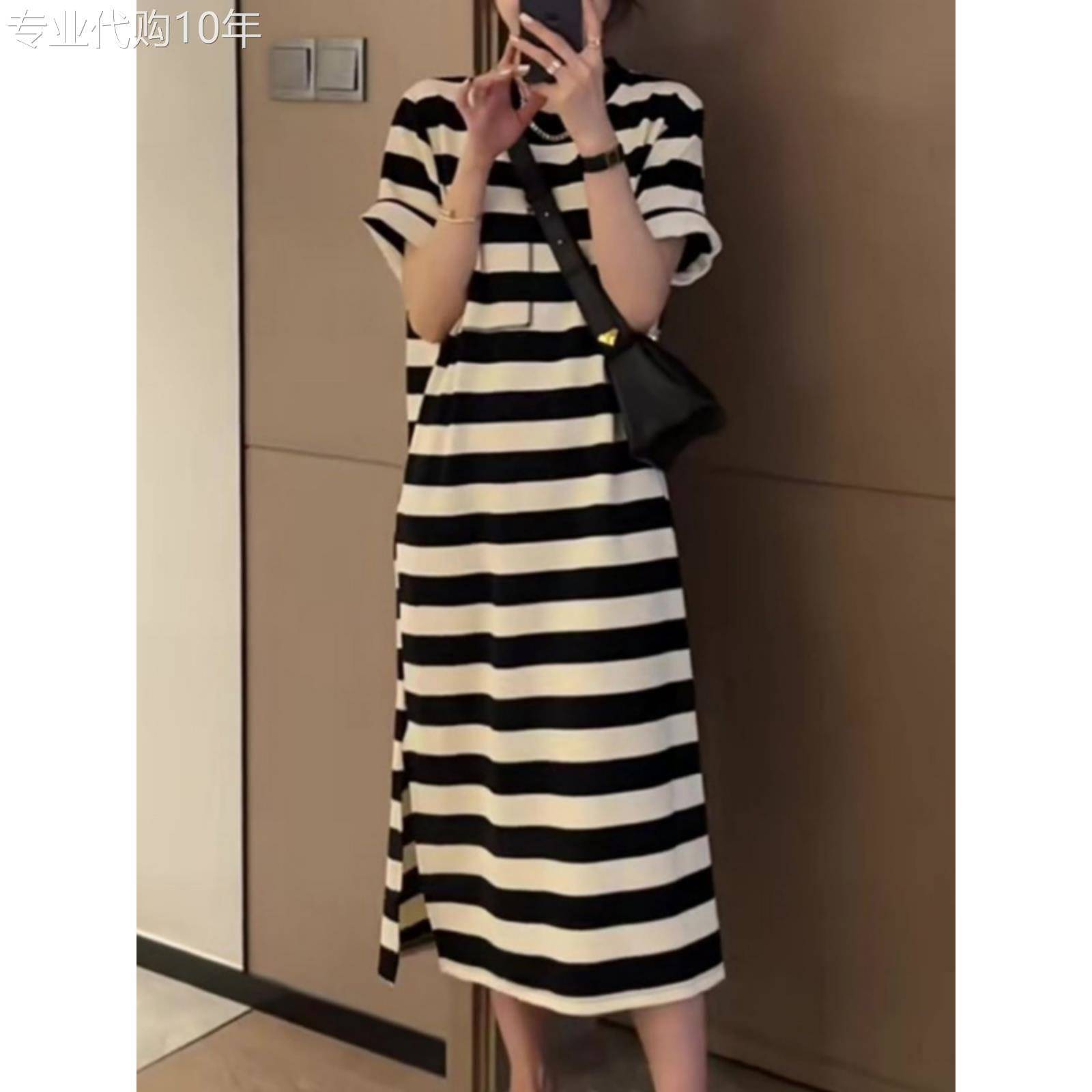 egmg撞色条纹短袖洋装女夏装中长裙子宽松休闲慵懒风显瘦T恤裙