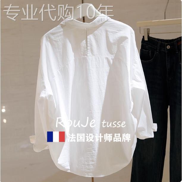 法国Rouje tusse衬衫女上衣设计感复古港风衬衣宽松棉麻白色纯棉