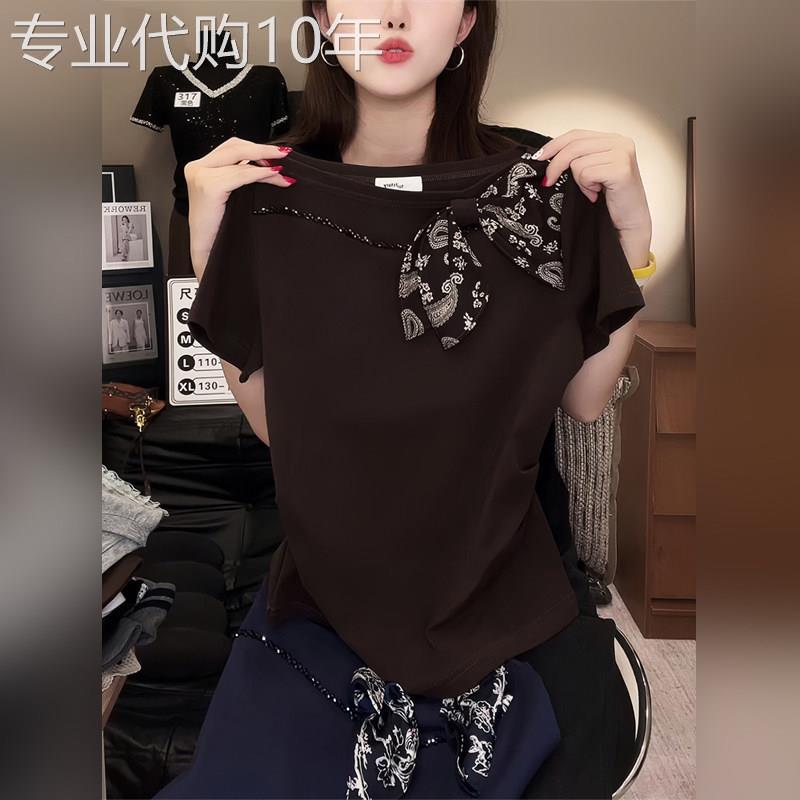 潮牌法式高级感丝巾斜领短袖T恤女2026夏季大尺码显瘦遮肚独特上
