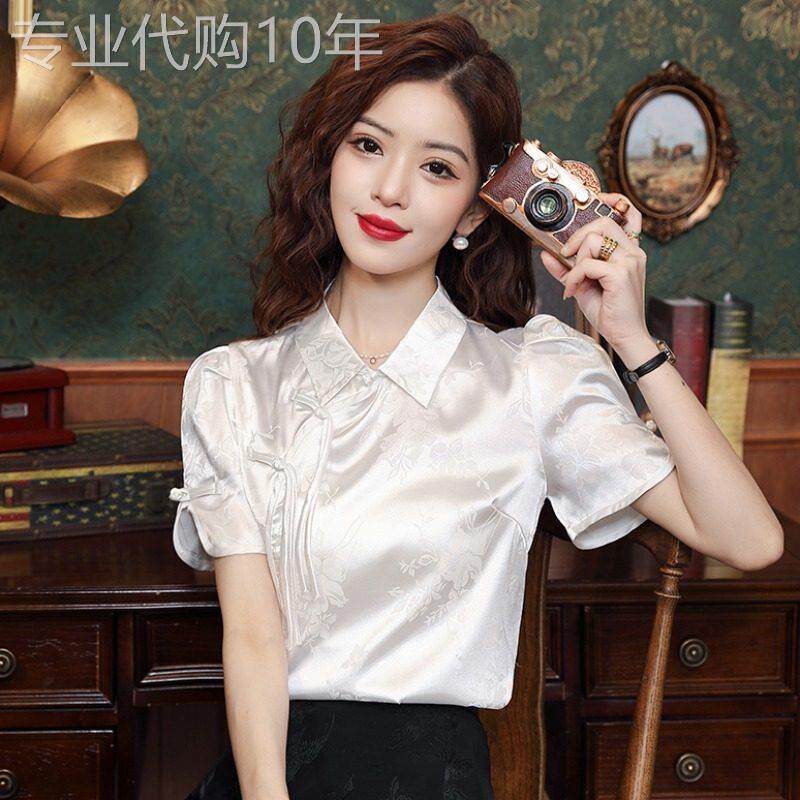 白色新中式国风冰丝短袖衬衫女夏季2025年新款时尚洋派T恤女上衣