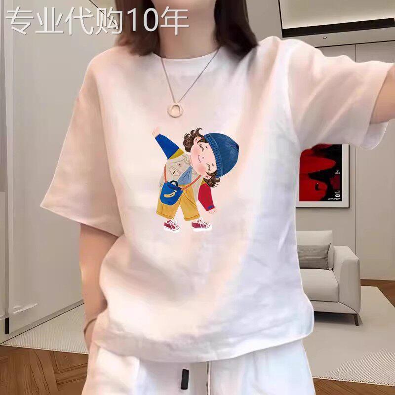 纯棉正肩白色圆领宽松百搭短袖t恤女卡通减龄休闲开叉半袖上衣夏