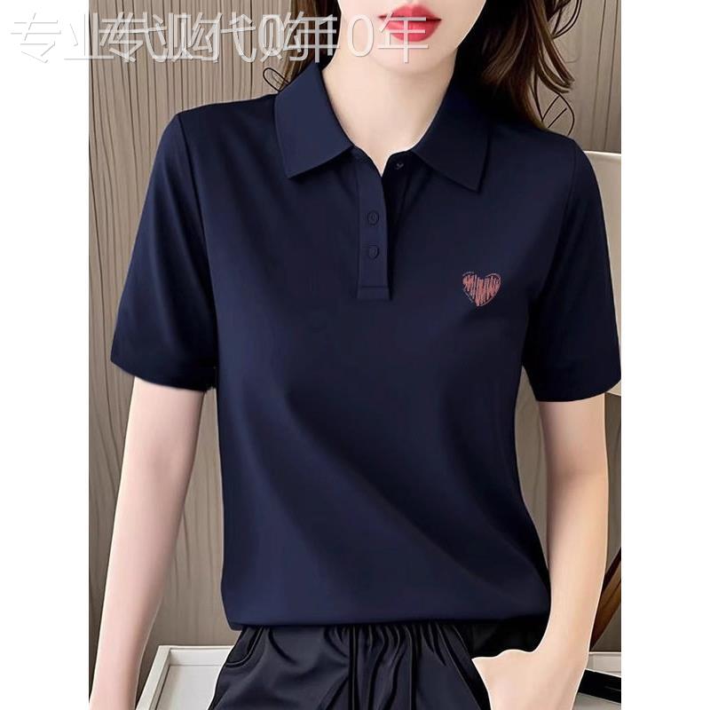 美式Polo衫女式大尺寸纯棉t恤女式夏季利基海军蓝短袖宽松常规风