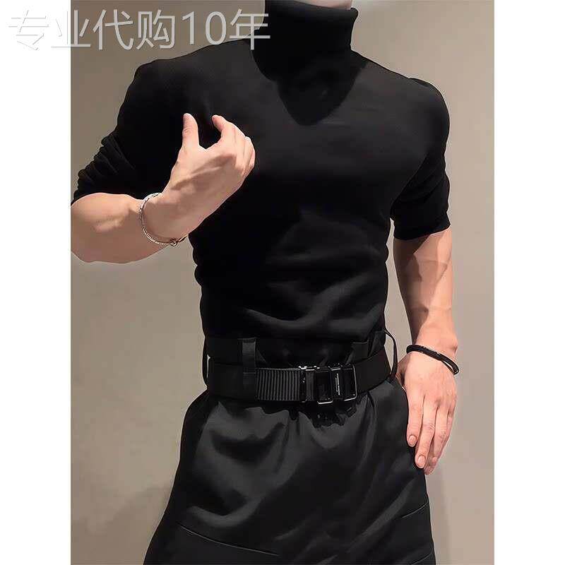 黑色半高领打底衫男春秋季潮牌痞帅高级感修身内搭针织衫健身毛衣