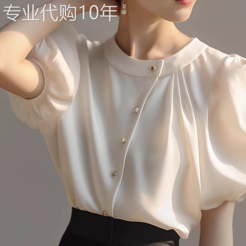 泡泡袖雪纺衫女夏季2026新款法式设计感衬衫通勤显瘦白色圆领上衣