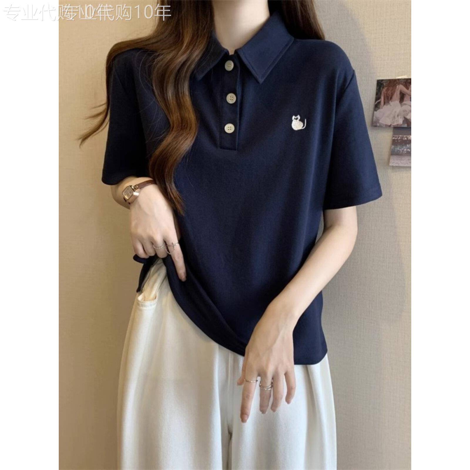 洋气减龄Polo领正肩短袖T恤女夏大码胖妹妹休闲百搭宽松显瘦上衣