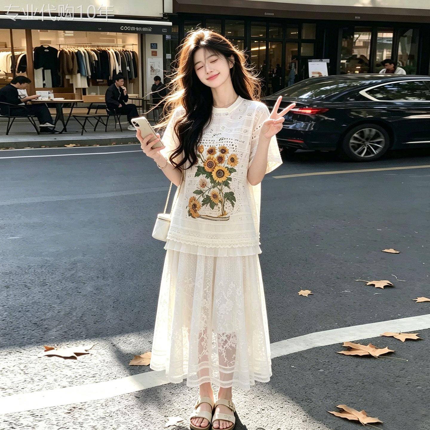 韩版蕾丝印花套装女2026夏季新款网纱半身裙两件套度假风时尚套装