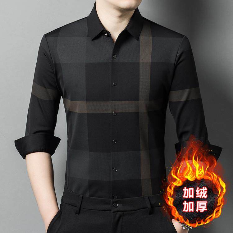 秋冬加绒高档长袖衬衫男士中年格子保暖商务衬衣免烫弹力加厚上衣