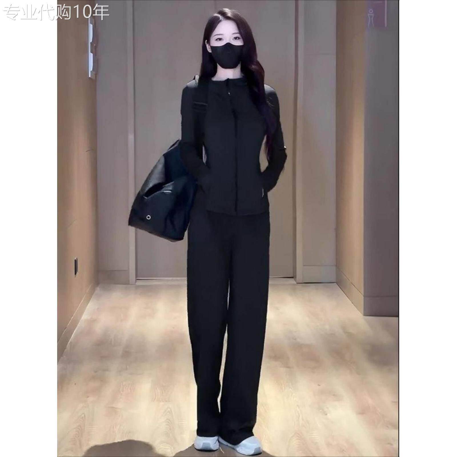 黑色休闲运动套装女健身瑜伽跑步速干防晒外套长裤秋装搭配一整套