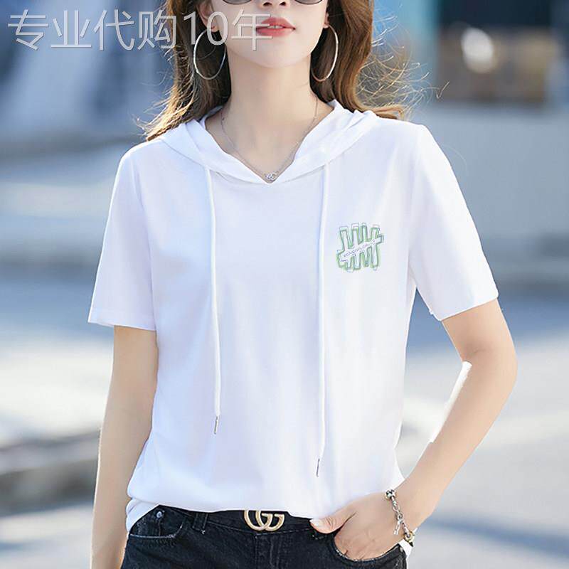 白色短袖t恤女夏季2025新款韩版时尚宽松百搭连帽小个子休闲上衣
