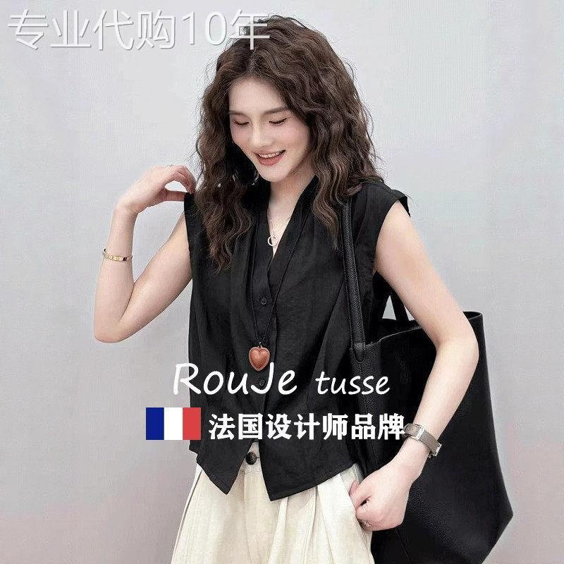 Rouje tusse黑色V领无袖衬衫背心T恤女小众上衣真丝显瘦独特衬衫