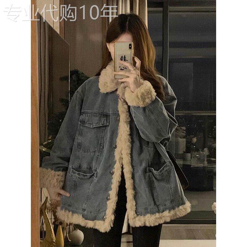 彷羊羔毛牛仔外套女秋冬2025新款高级感宽松百搭加绒加厚棉衣棉服