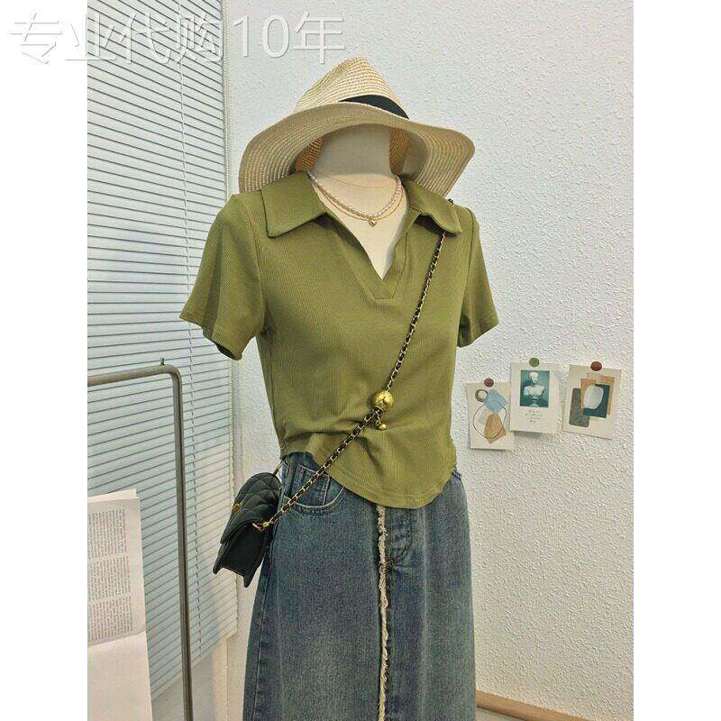 绿色polo领正肩短袖t恤女夏季薄款不规则体恤小个子修身短款上衣