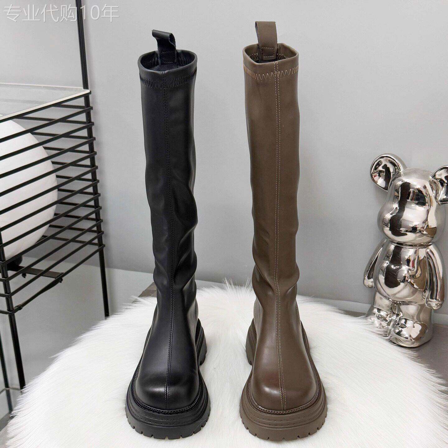 厚底不过膝长筒靴女冬季2025新款加绒高筒显瘦小个子增高机车靴子