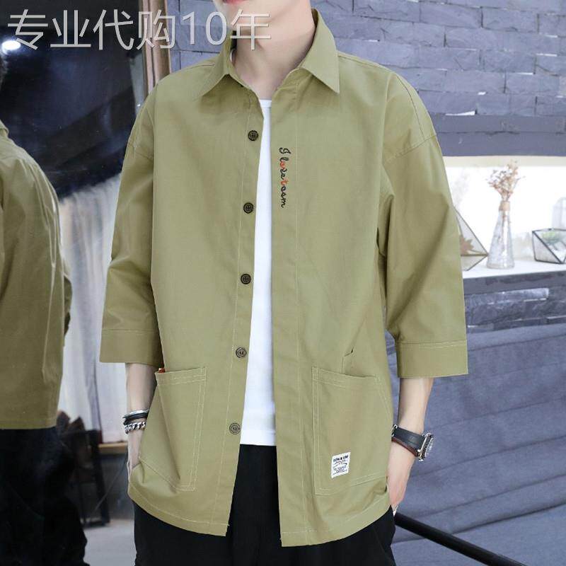 潮牌短袖衬衫男士夏季宽松百搭七分袖衬衣潮流外套长袖男装上衣服
