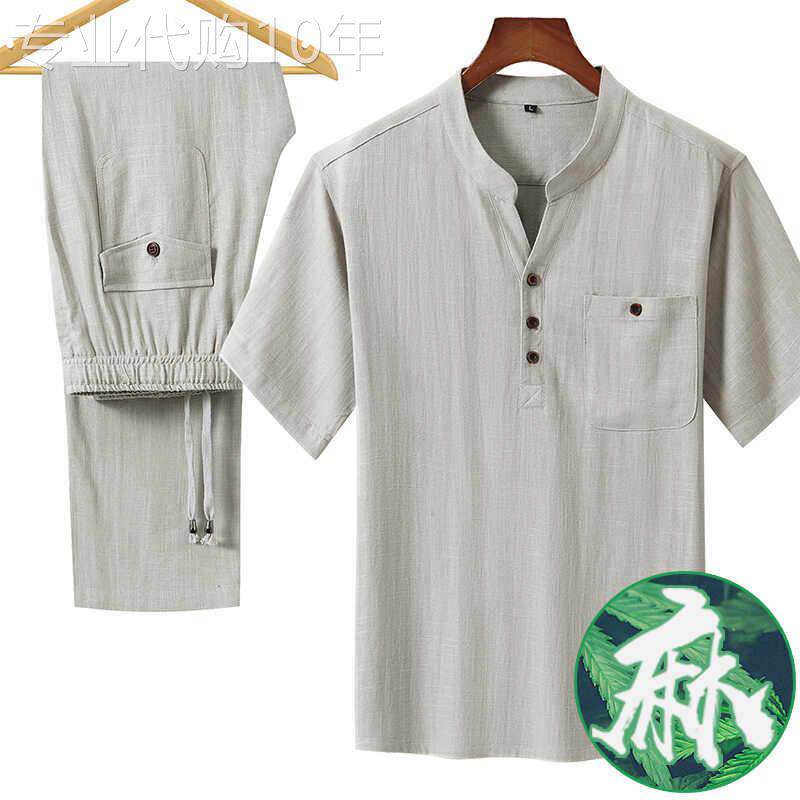中国风纯亚麻套装男爸爸夏装禅意唐装短袖t恤茶艺复古汉服两件套