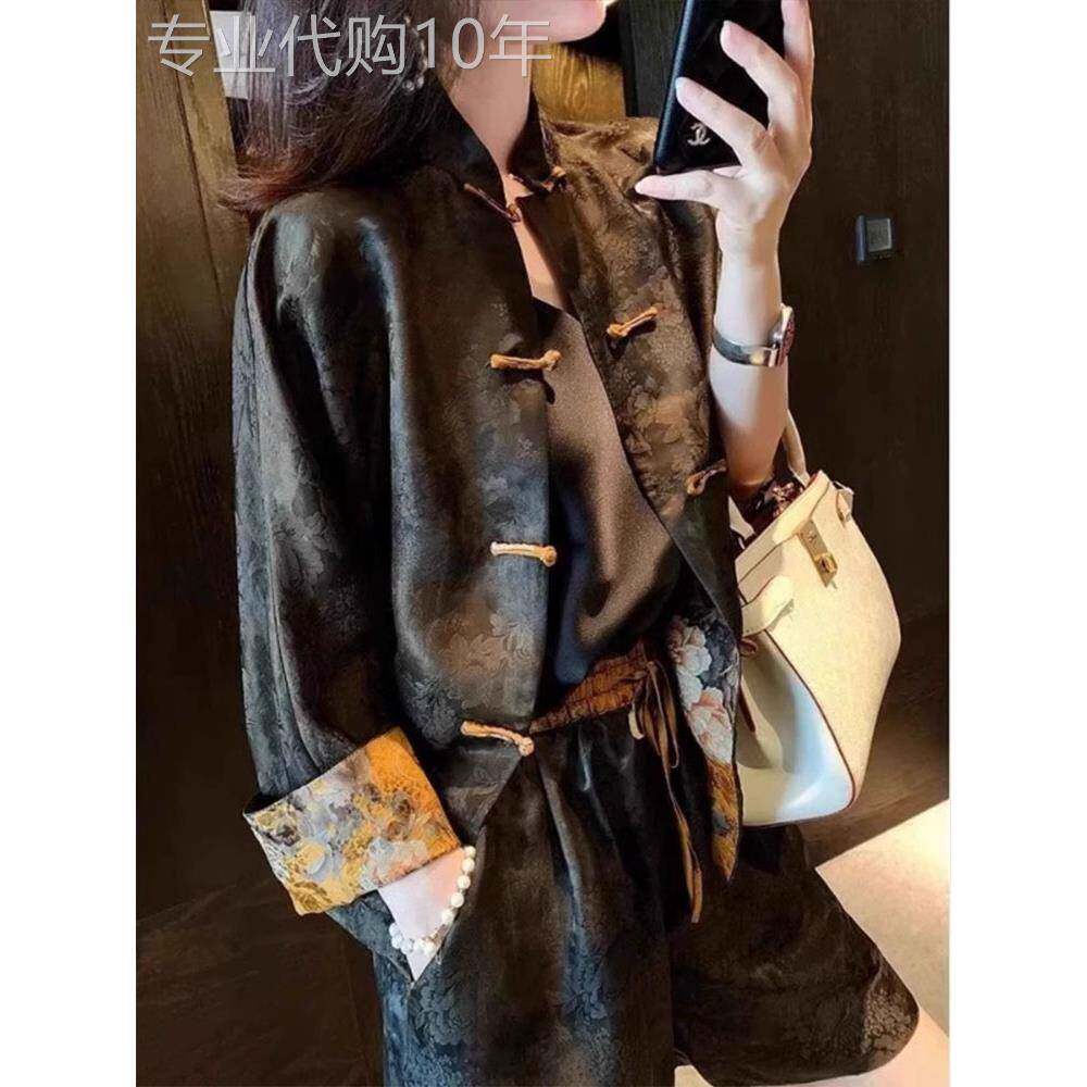 新中式国风外套女秋季新款气质高级感醋酸缎面提花盘扣改良版唐装