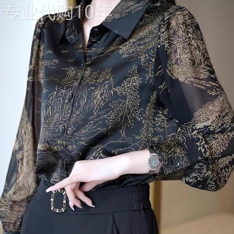 黑色长袖衬衫女春秋2026新款中国风烫金印花宽松显瘦妈妈打底上衣