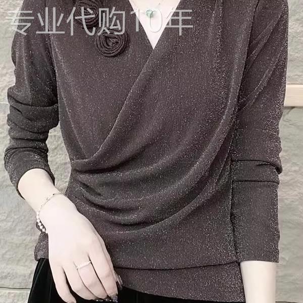 香港TIMO春季V领洋气时尚气质减龄打底衫女士亮丝长袖显瘦t恤上衣