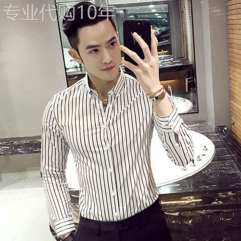 条纹衬衫男士春秋季港风高级感内搭男装衬衣修身商务免烫抗皱上衣