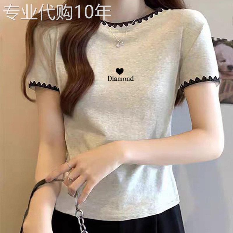 纯棉圆领撞色半袖T恤女新款夏季2026显瘦减龄短袖时尚别致上衣服