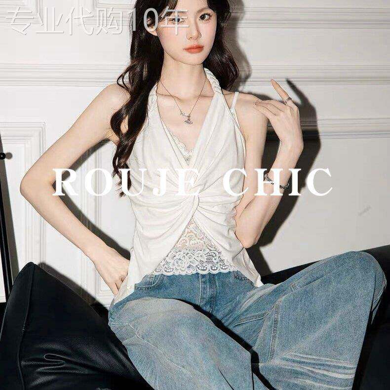 法国rouje chic蕾丝露肩无袖v领挂脖吊带背心女夏季美背外穿上衣