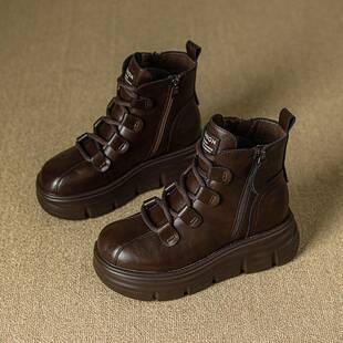 真皮内增高马丁靴女鞋小个子8cm短靴2025新款加绒厚底高跟靴子潮