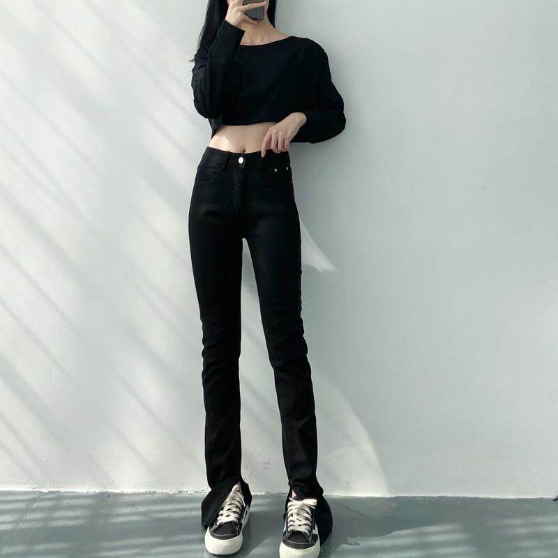 韩国2025年春季新款高腰显瘦显高开叉直筒黑色牛仔裤女微喇马蹄裤