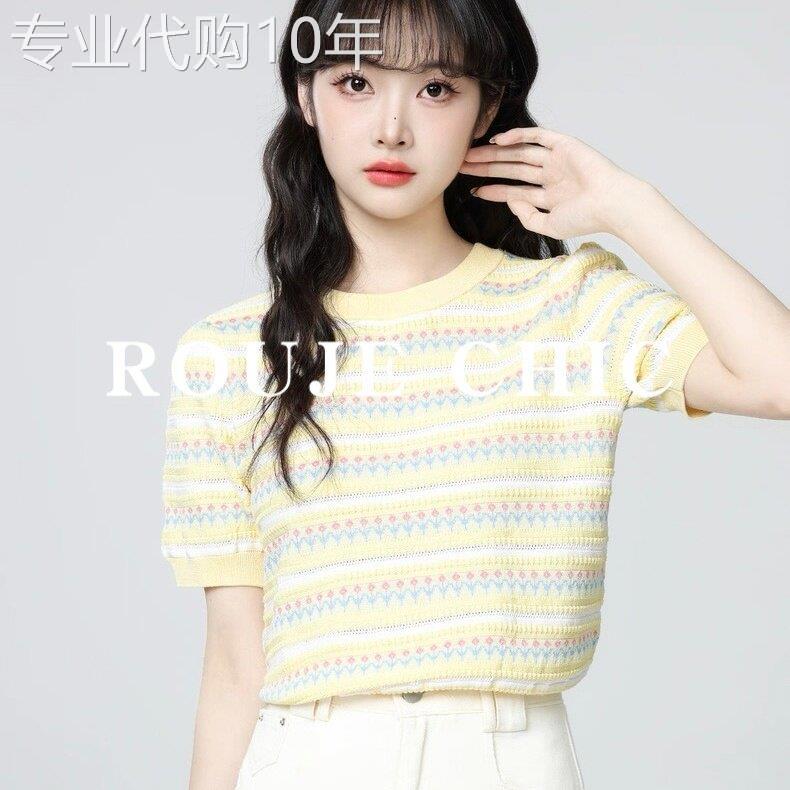 法国rouje chic法式黄色条纹冰丝针织短袖T恤女夏季新款正肩上衣