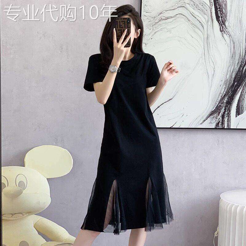 黑色连衣裙女夏季2026新款中长款网纱设计感正肩休闲短袖t恤裙子