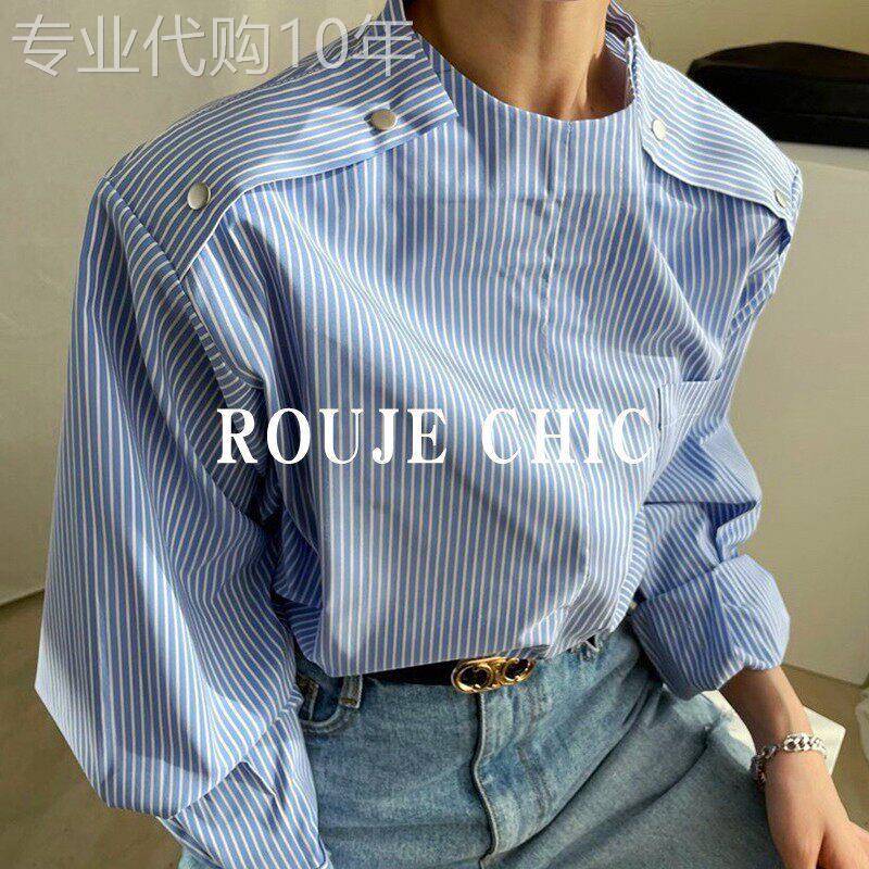 法国ROUJE CHIC春季2025灯笼袖立领条纹衬衫女设计感小众宽松衬衣