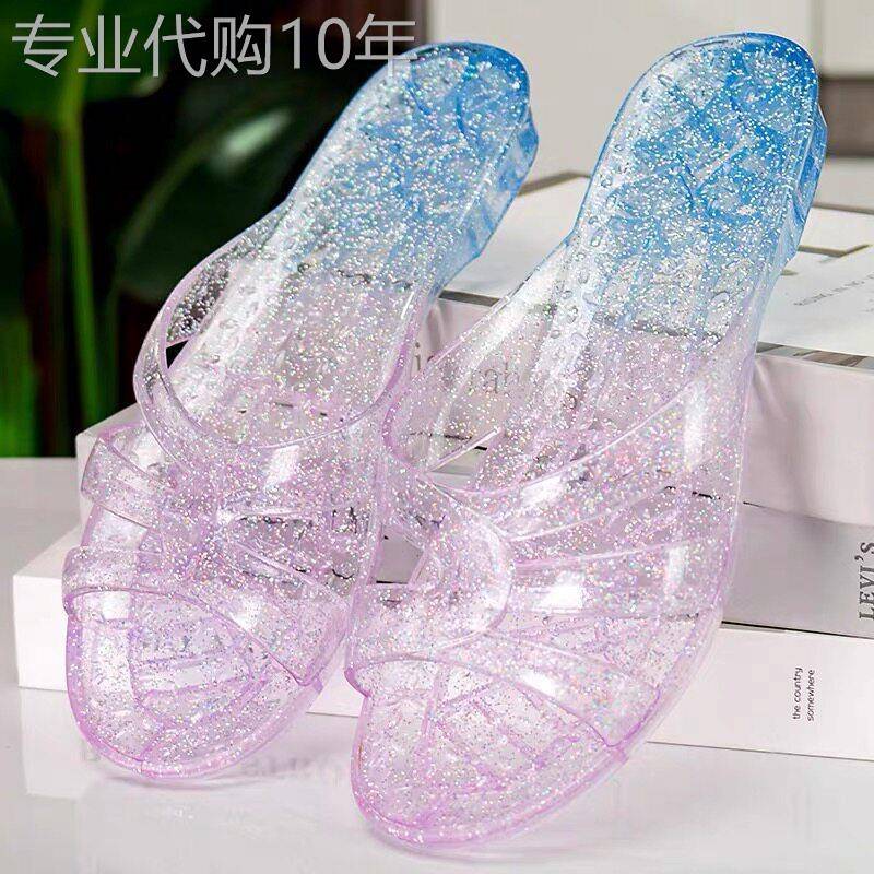 潮牌夏季新款双色水晶拖鞋女透明塑胶果冻低跟韩版居家室外一字拖