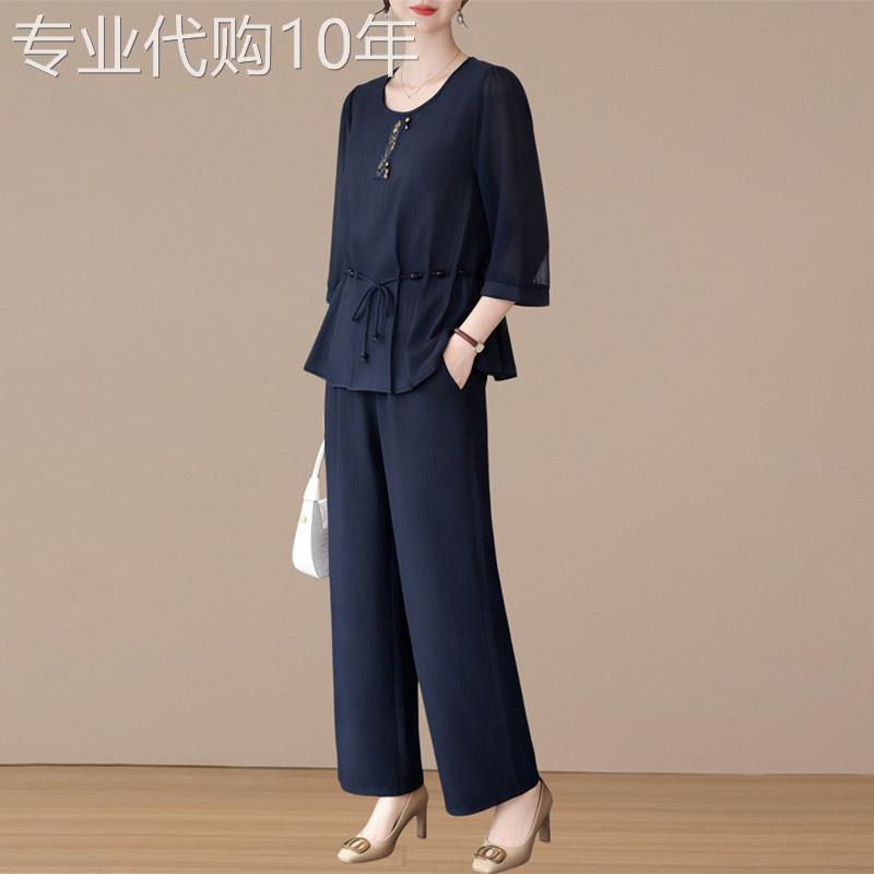 潮牌妈妈时尚雪纺套装中老年女装2026年夏季短袖两件套贵夫人上衣