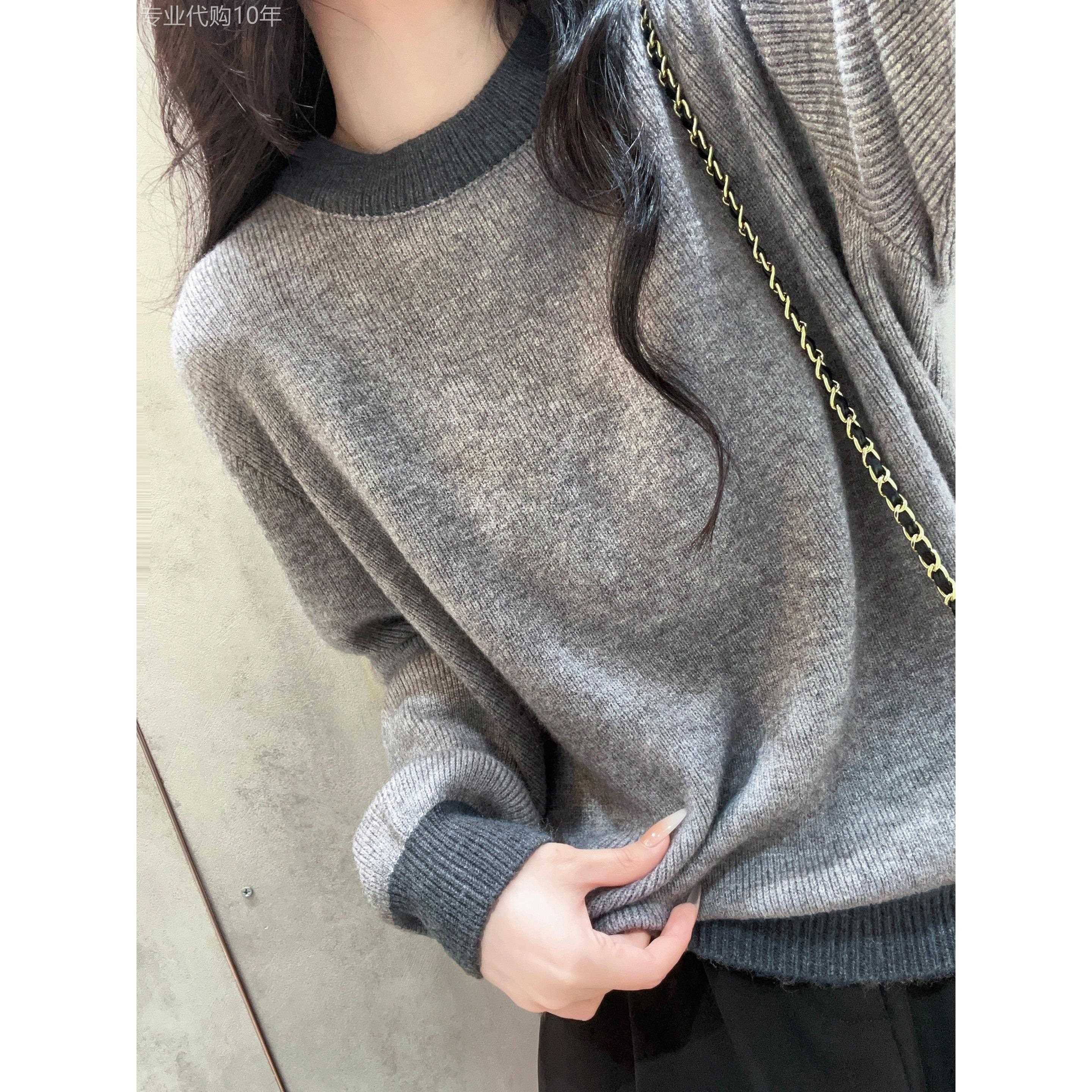 气质感高级灰色撞色毛衣女秋冬装新款简约内搭针织衫软糯上衣韩版