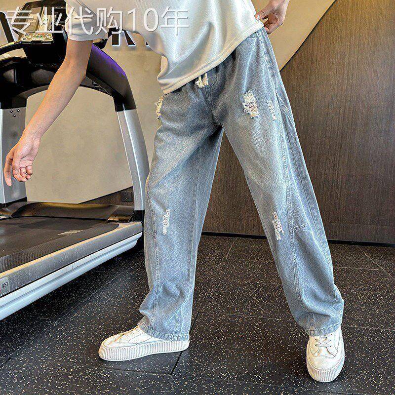 美式破洞牛仔裤男夏季痞帅个性休闲宽松哈伦裤青年阔腿弯刀直筒裤
