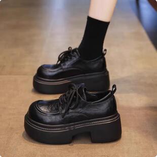 香港真皮厚底增高乐福鞋女秋季2025新款英伦风系带小皮鞋粗跟单鞋